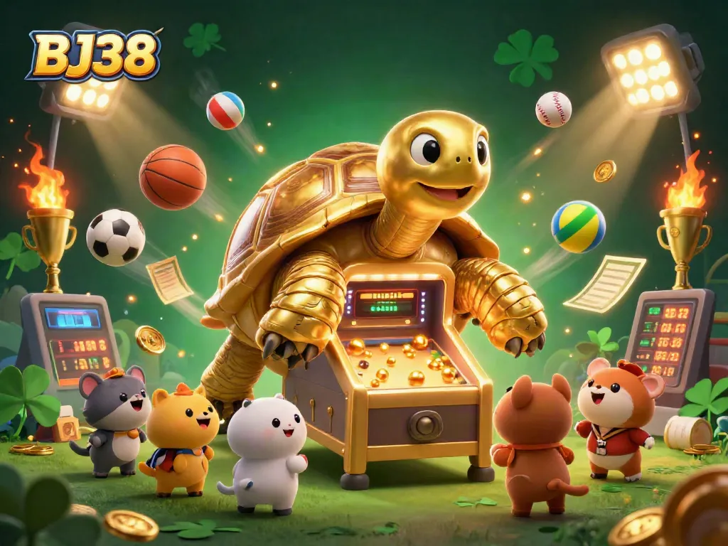 Experience thrilling gameplay at BJ38 with a dynamic illustration featuring vibrant sports elements and golden rewards.