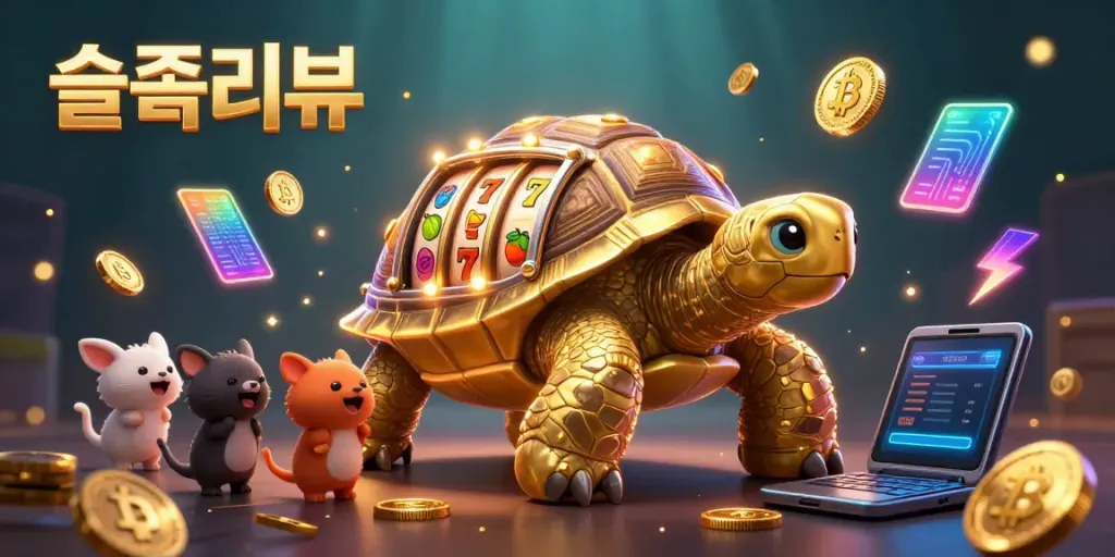 Experience the thrilling world of 슬롯리뷰 with a golden tortoise slot machine, NFT cards, and vibrant crypto coins.
