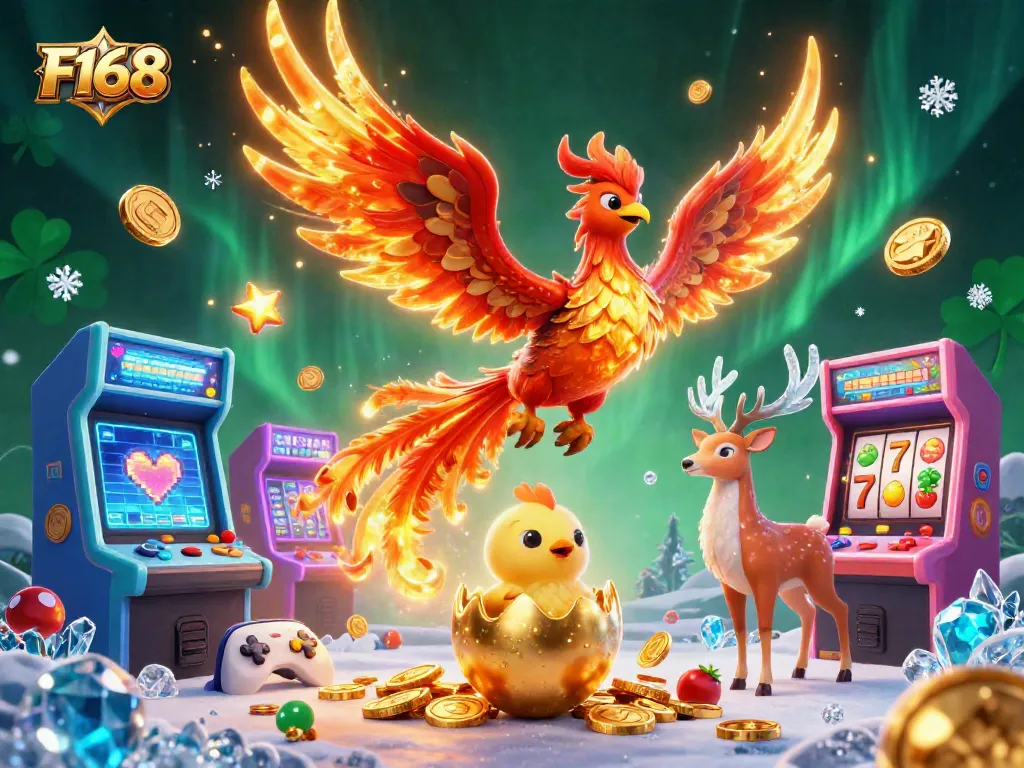 Experience F168 with a vibrant casino scene featuring a phoenix and baby chick amidst games and slot reels.
