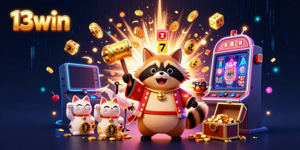Engage with the thrilling gaming world of 13win as cheerful characters celebrate with jackpots and colorful casino elements.