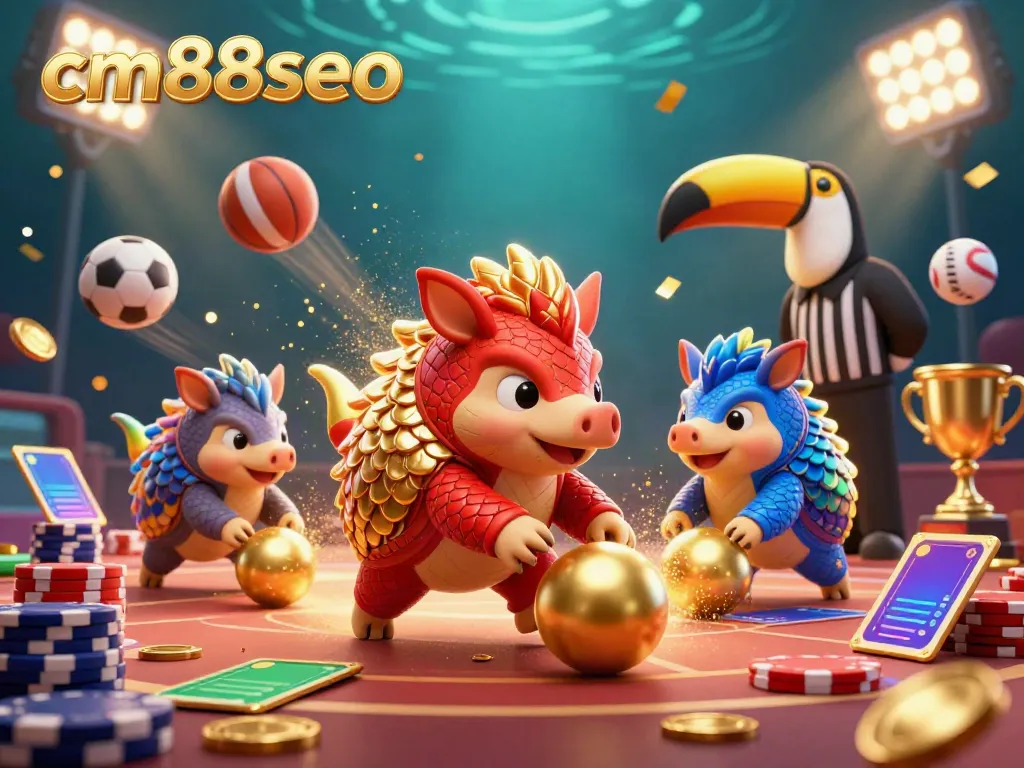 Experience dynamic gaming action at cm88seo with rival pangolins bowling through poker chips amidst a vibrant casino scene.