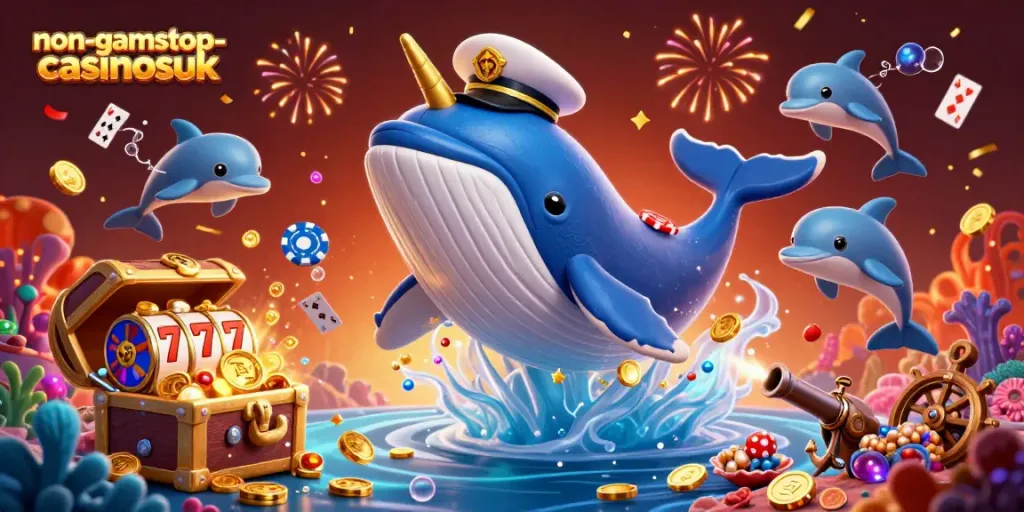Engaging scene of non-gamstop-casinosuk featuring a cartoon whale, narwhal, and dolphins with tokens.