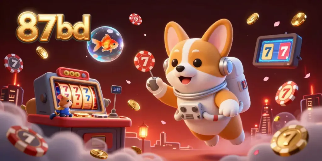 Experience thrilling slots action with 87bd in a dynamic casino scene featuring a floating corgi.