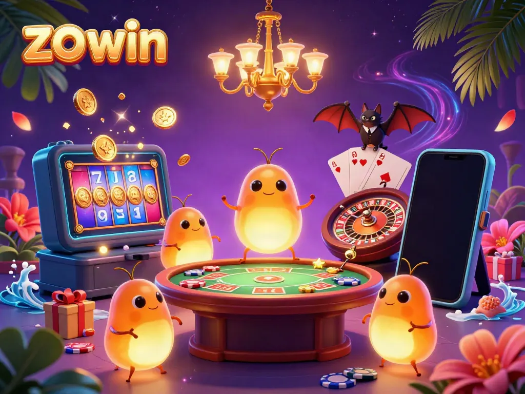 Experience the excitement of winning at zo win with a fun 3D casino scene illuminated by glowworms and a bat dealer.