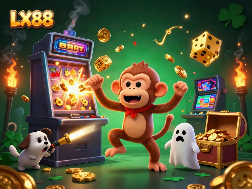 Experience thrilling gameplay at LX88 with a poltergeist monkey juggling casino items in an enchanting scene.