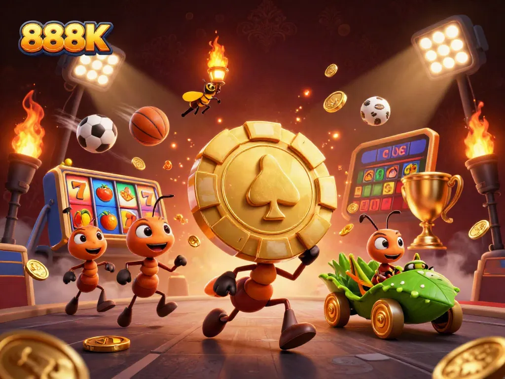 888K heist scene with ants, golden poker chip, and vibrant casino elements in a dynamic 3D illustration