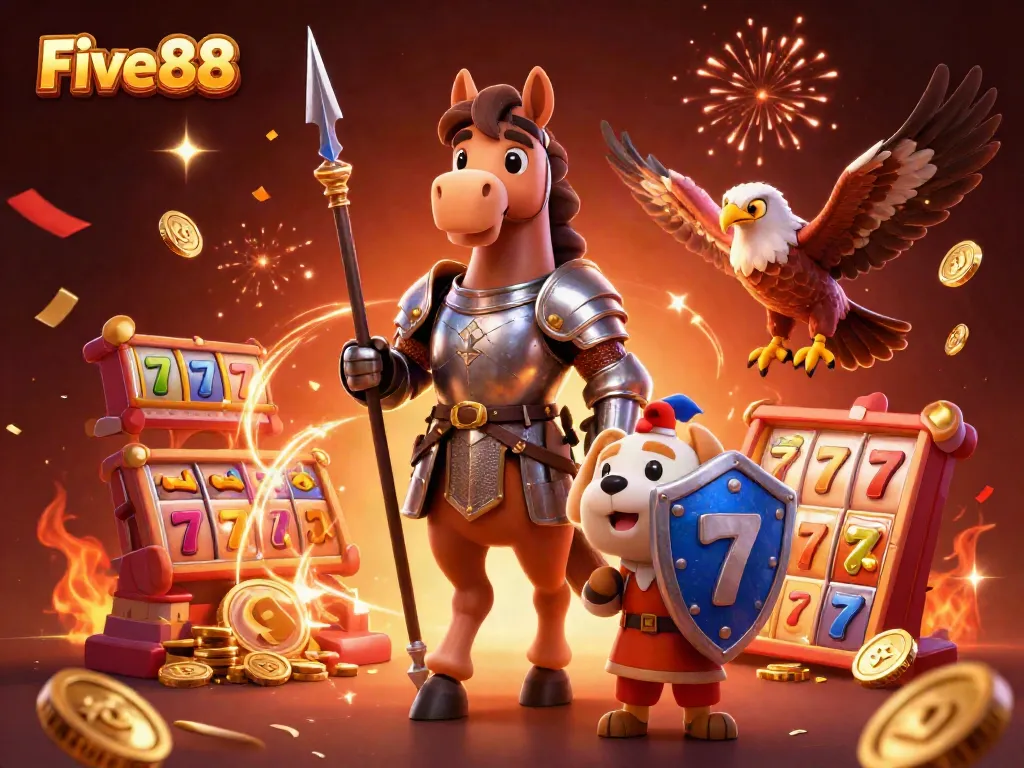Experience the excitement of Five88 with captivating casino characters and vibrant jackpot symbols.
