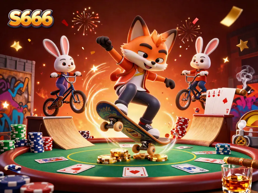S666 animated scene with a skateboarder fox and BMX rabbit showcasing vibrant casino elements.