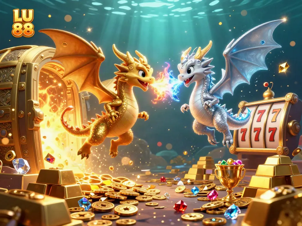Experience the thrill of LU 88 with twin dragons showcasing fiery and icy elements amid treasures and dynamic slot elements.