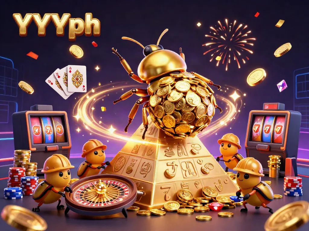 Experience YYYph gaming with a dazzling 3D scene of golden beetles, casino symbols, and vibrant excitement.