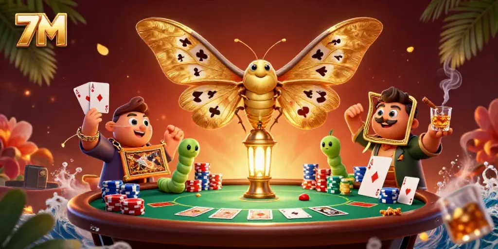 Engage with live betting action on 7M as the vibrant moth oversees casino scenes.