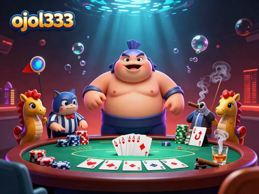 Engage in high-stakes poker with ojol333 in a dynamic underwater casino scene filled with vibrant action.