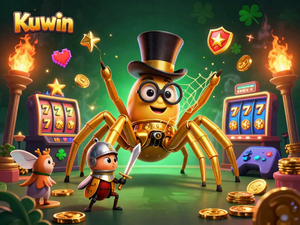 Engage in thrilling slots action at Kuwin with golden spider weaving a web of excitement in a vibrant casino.