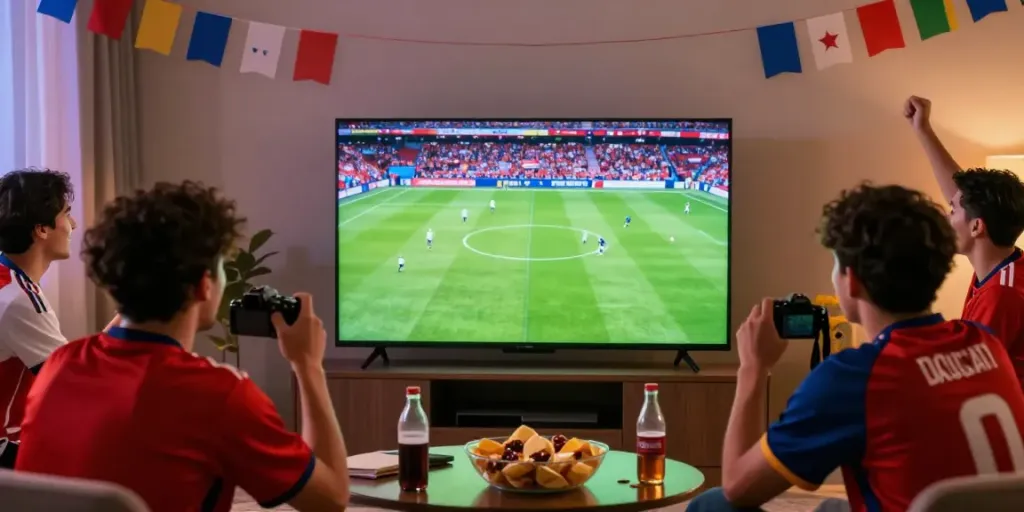 Football fans enjoying a live match at home with Gavangtv, surrounded by snacks and excitement.