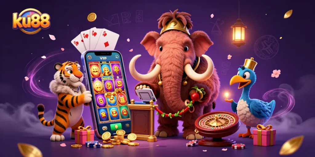 Check IDs at the door with ku88's woolly mammoth bouncer amidst vibrant slots and gaming elements.