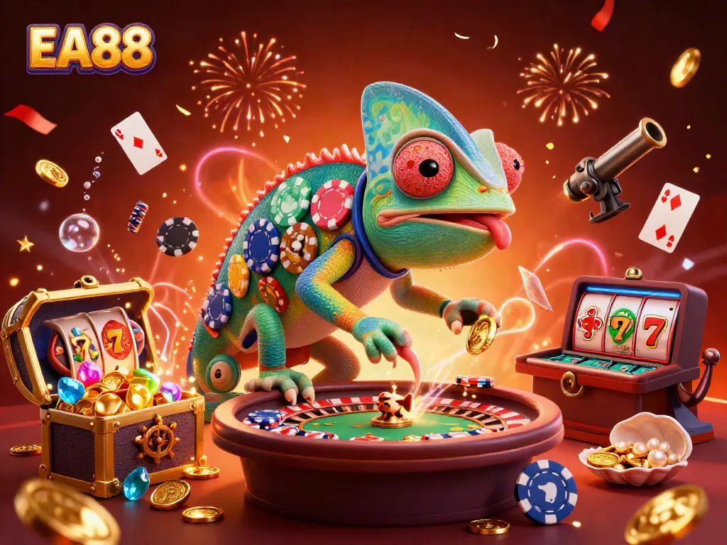 Experience the excitement of EA88 with a vibrant 3D casino scene featuring a chameleon owner and dynamic game elements.