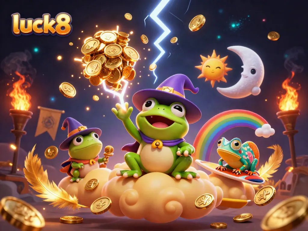 Experience the excitement at luck8 with a whimsical storm of golden coins and dynamic characters.