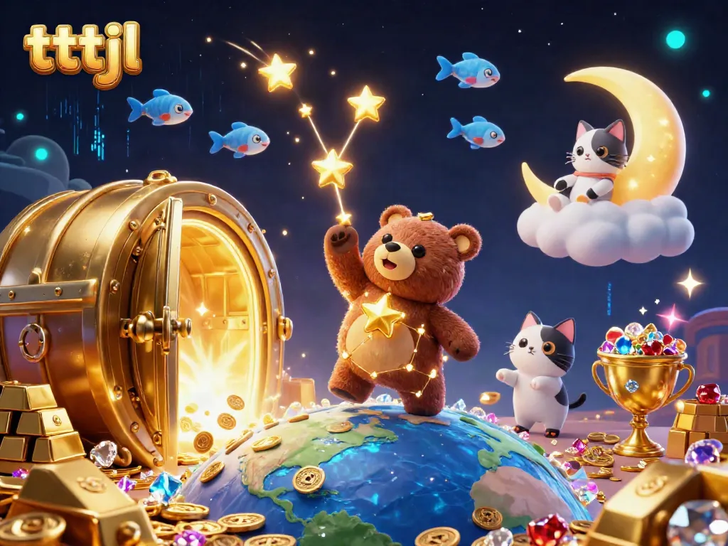 Experience thrilling gameplay with tttjl as a constellation bear collects coins amidst gold treasures.