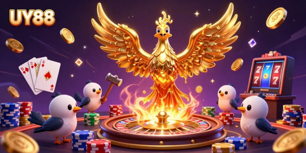 Experience enchanting gameplay on UY88 with a molten metal phoenix amidst cascading coins and vibrant casino elements.