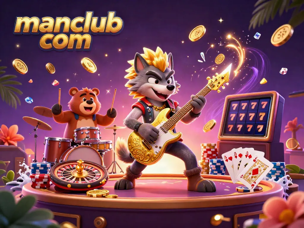 Experience the thrill of gaming at manclub com with a vibrant casino scene featuring a rock star wolf and wild drummer bear.