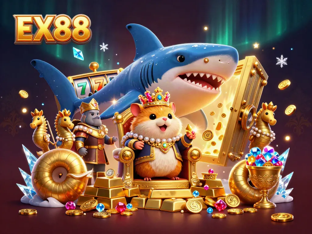Experience the thrill of EX88 with a vibrant scene featuring a golden hamster king amidst riches, promising exciting gaming adventures.