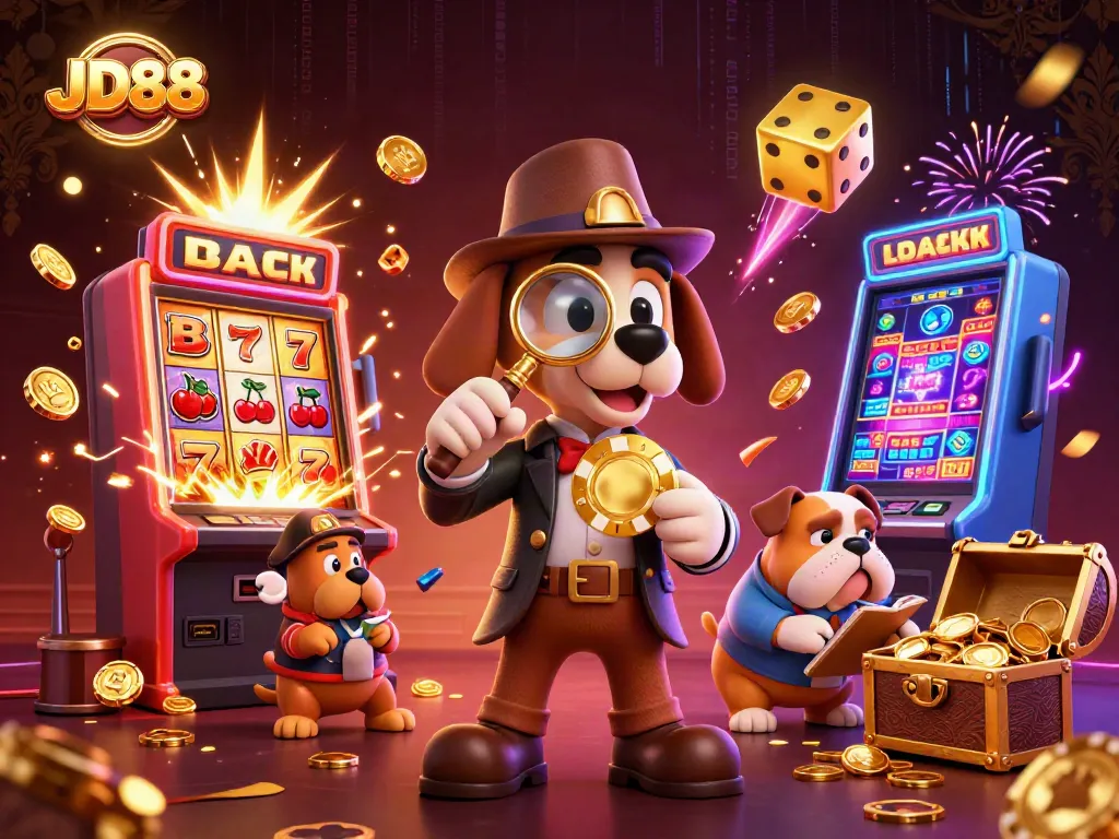 Experience thrilling gameplay at JD88 with a detective dog uncovering hidden treasures in a vibrant casino scene.