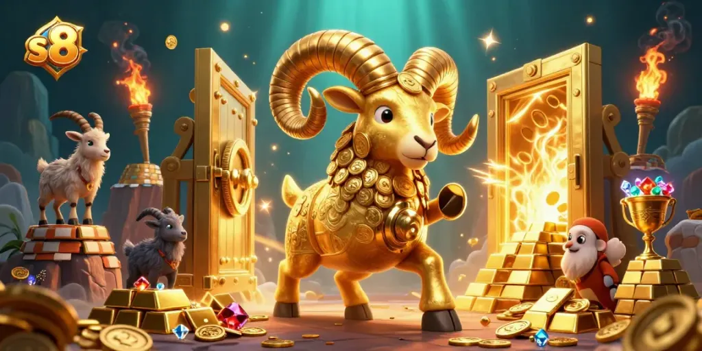 Experience thrilling action at S8's casino with a dynamic scene featuring a charging ram and golden treasures.