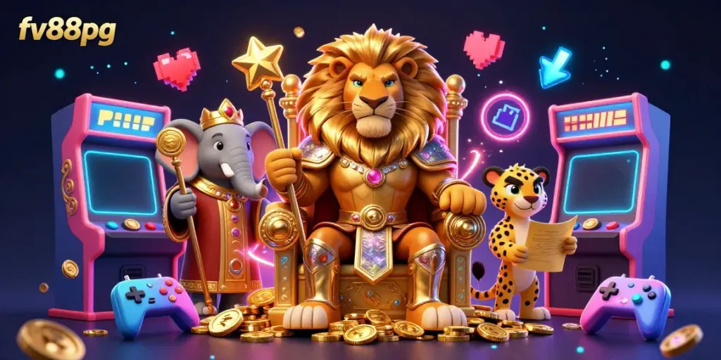 Experience thrilling gaming adventures at fv88pg with a powerful lion king, wise elephant, and energetic cheetah in a vibrant casino setting.