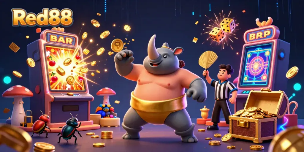Red88 casino illustration with a sumo beetle champion celebrating a jackpot win amidst slot machine elements.