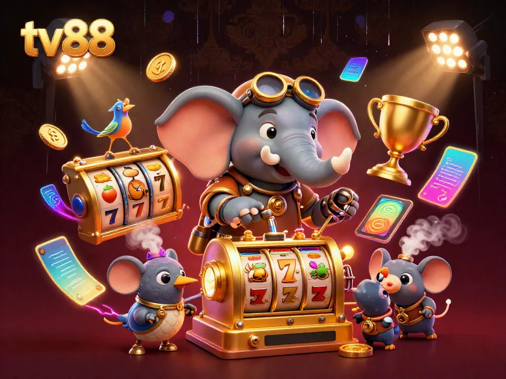 Engage with tv88's thrilling golden slot machine scene featuring a steampunk elephant engineer and dynamic game elements.