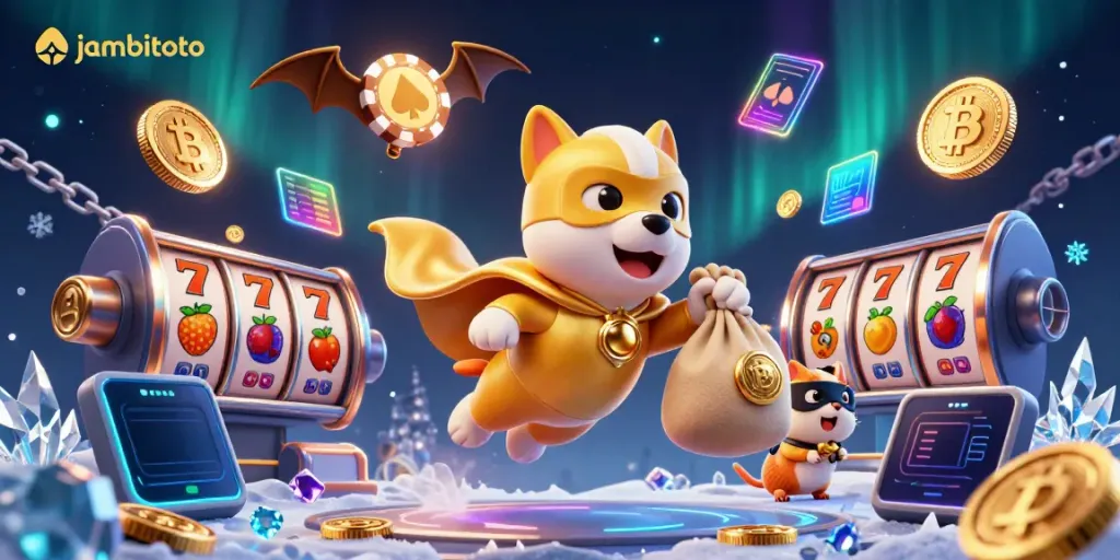 Join the jambitoto adventure with a superhero dog and its hamster sidekick in this vibrant slot casino scene.