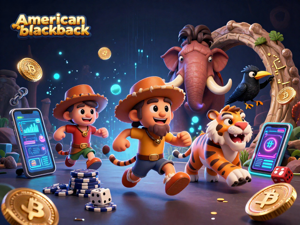 Experience thrilling gameplay in american-blackjack with a dynamic cartoon casino scene, featuring unique characters and neon crypto elements.
