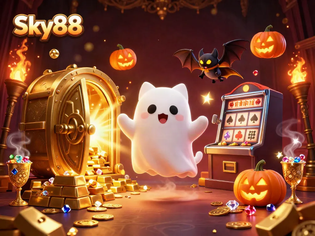Experience the fun with Sky88 in a vibrant 3D illustration featuring a ghost cat, vampire bat, and casino treasures.