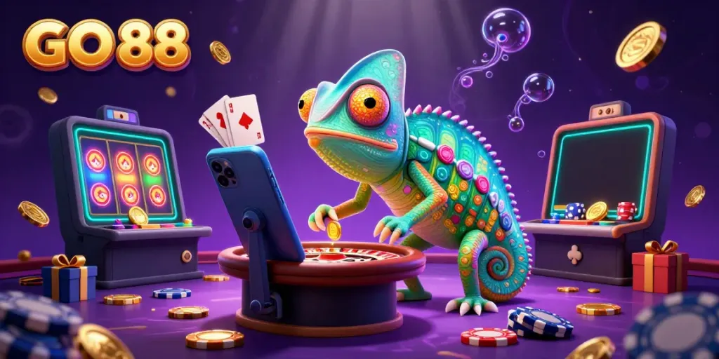 Experience the vibrant world of GO 88 where a colorful chameleon owner enjoys casino games.