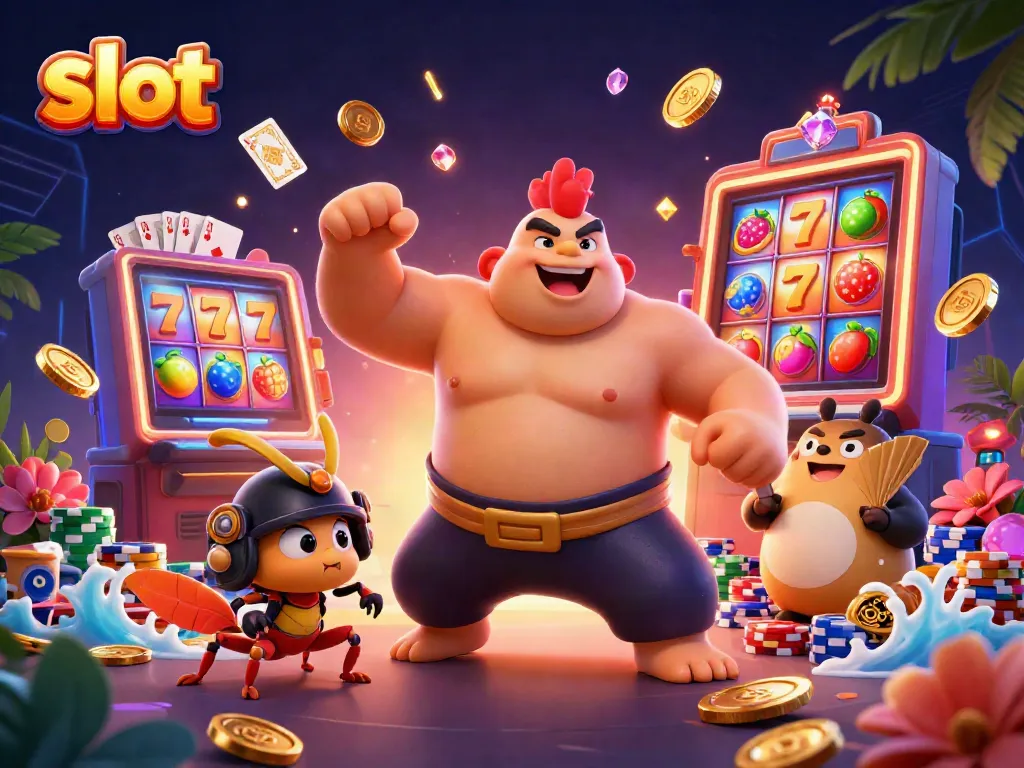 Engage with vibrant slot gaming, featuring roaring "jackpot" moments and lively characters in a captivating casino scene.