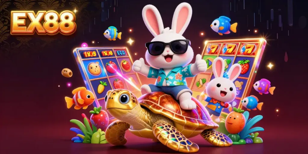 Experience gaming excitement with EX88 in this vibrant illustration featuring a lucky rabbit and golden turtle.