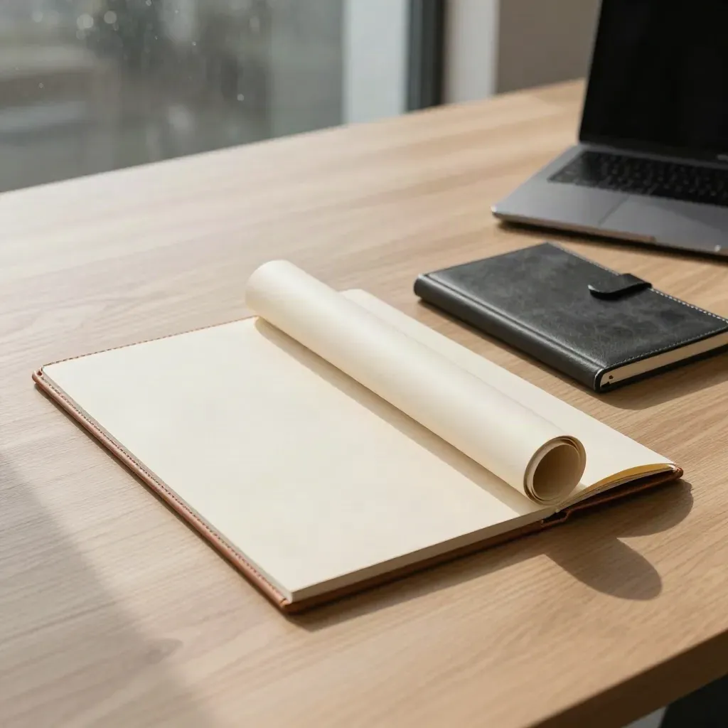 Cream planning folder, tube, notebook and closed laptop on pale oak in a bright office