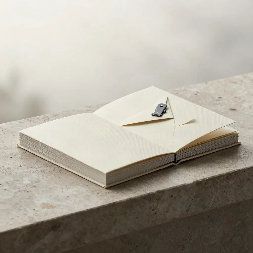 Open carbon audit folio kit with inserts, envelope and clips on a stone plinth at dawn.