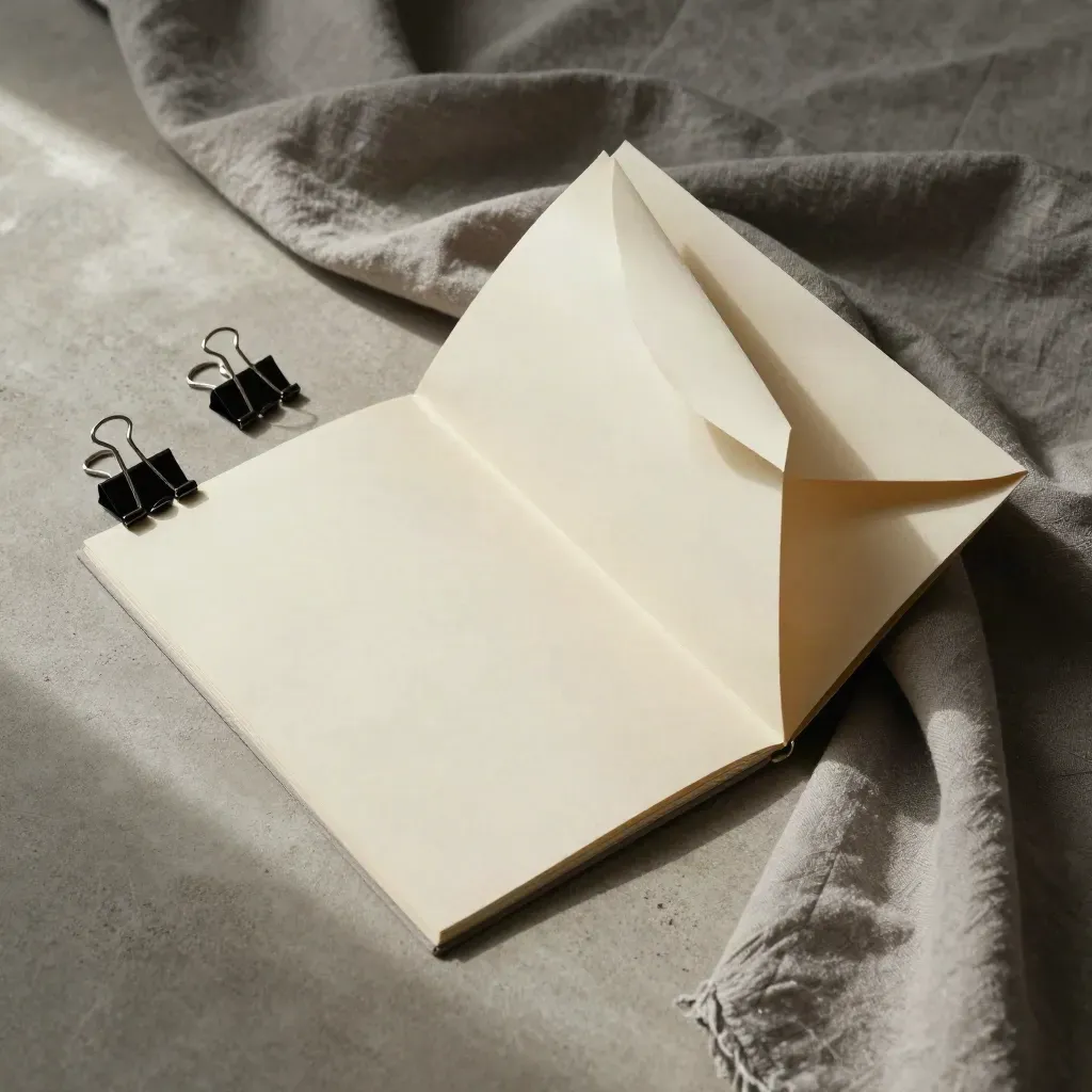 Cream audit folio on ash-grey linen with insert, envelope and charcoal clips, top-down in soft light