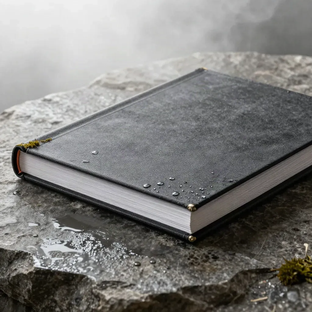Charcoal report binder on wet stone with mist, droplets and moss accents.