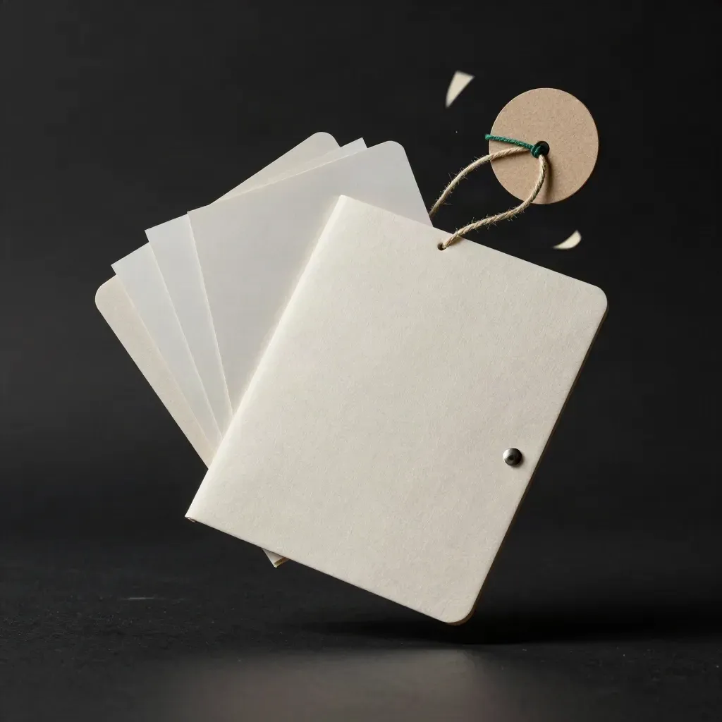Floating pale folder kit with cards, twine, disc and drifting paper on black