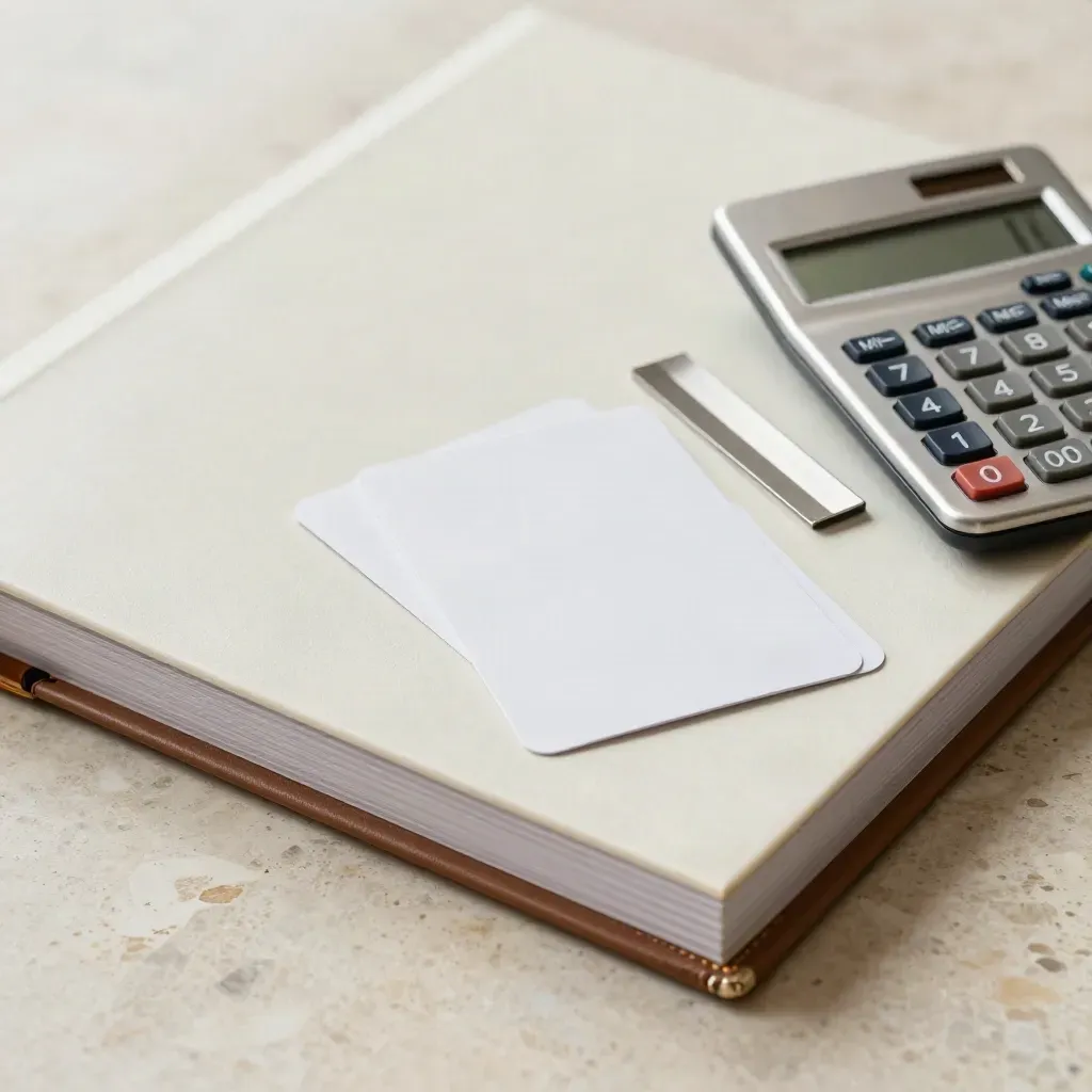 Pale review binder, calculator and blank cards on travertine under soft studio light.