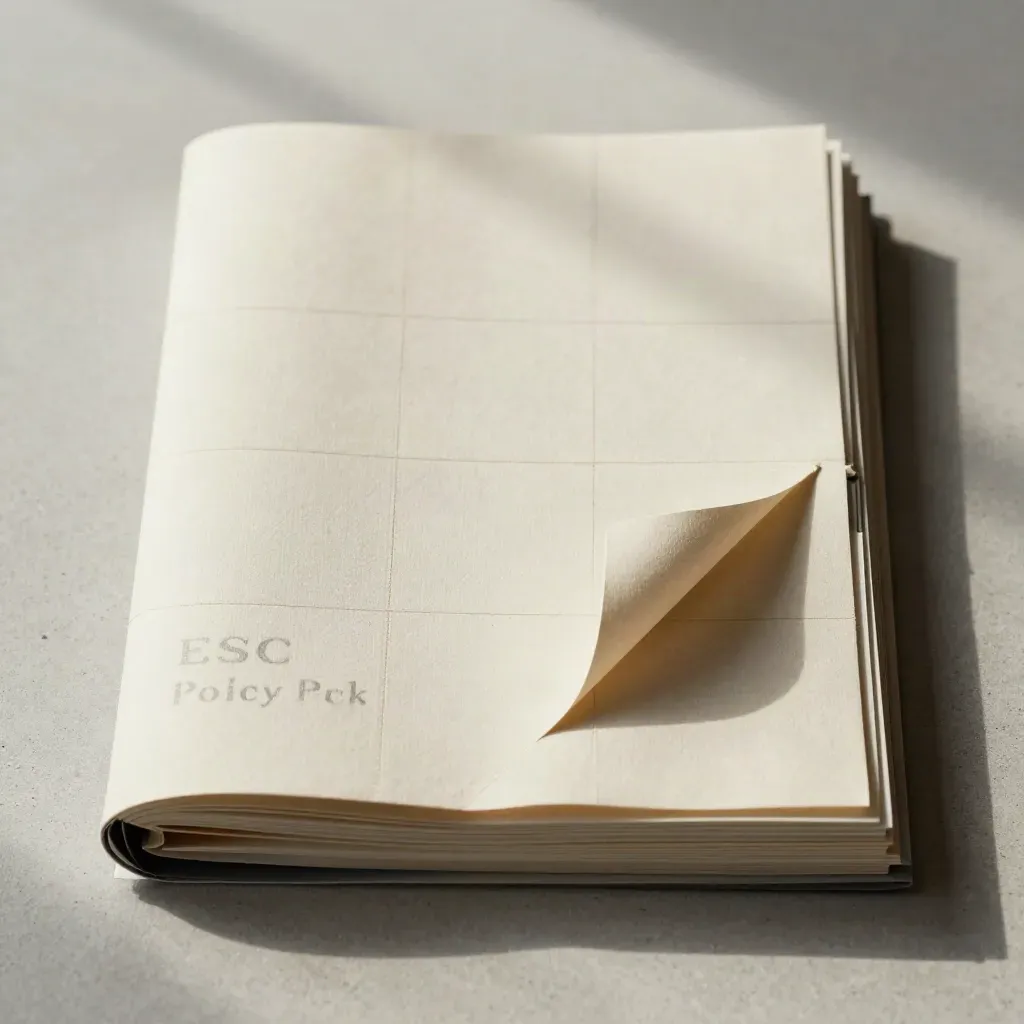 Overhead flat lay of cream ESG policy sleeves, tabs and cloth marker on pale concrete
