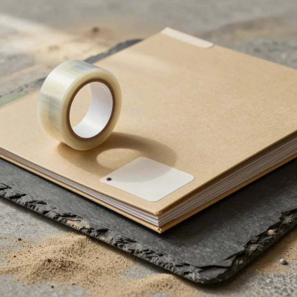 Sand archive folder, tape roll and shipping tags on rough slate in macro close-up.
