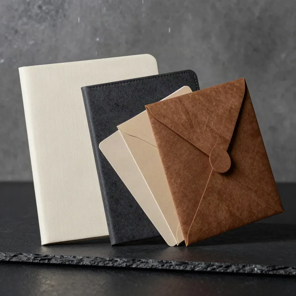 Cream folio, dark notebook, offset cards and sealed envelope in a dramatic diagonal on black slate.