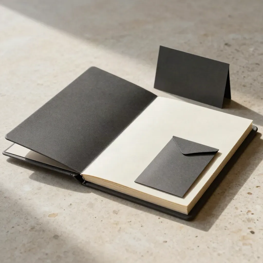 Charcoal audit folder, tabs and sleeve on pale stone in a premium studio still life.