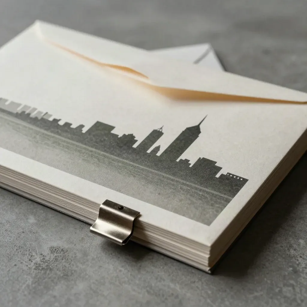 Macro of layered emissions report folios on brushed concrete with a metal clip and mist.
