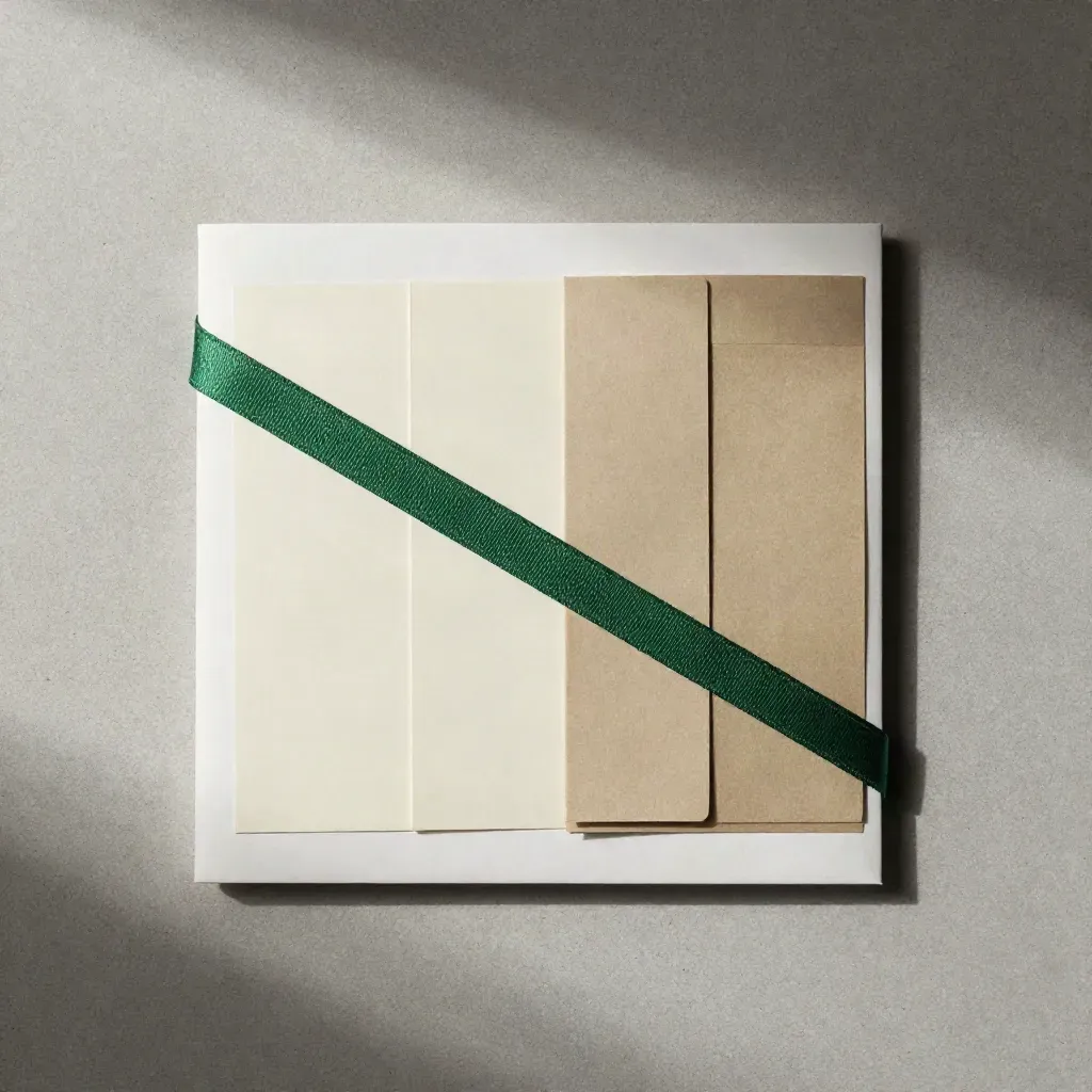 Overhead flatlay of a sealed archival pack with cream cards and a green ribbon on pale concrete.