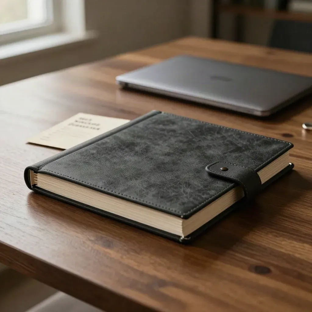 Dark binder with divider cards and closed laptop on oak table in soft morning light.
