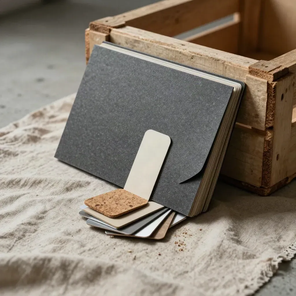 Graphite supplier review folder with sample chips on linen beside a weathered crate corner